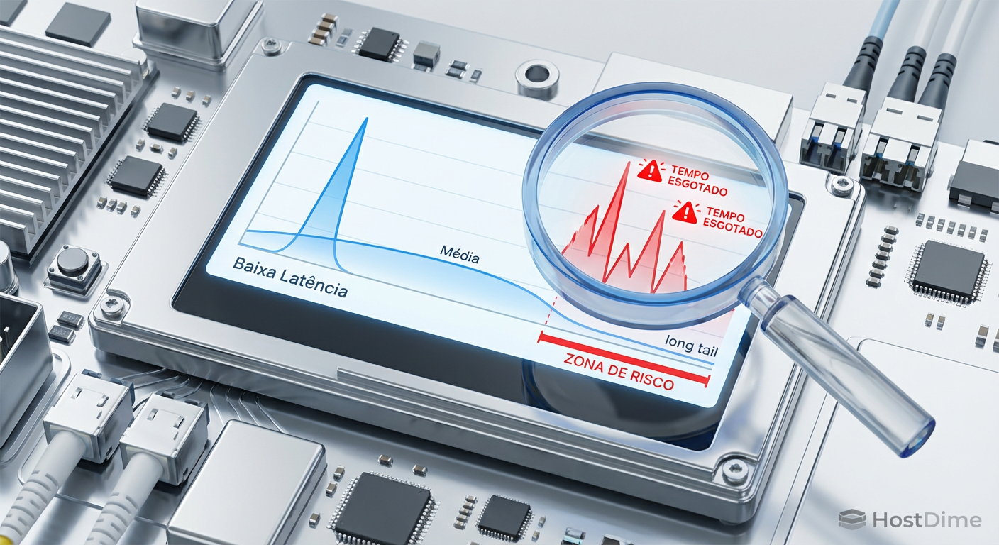 Visualização gráfica da distribuição de latência destacando a diferença entre a média segura e a cauda longa onde ocorrem os timeouts.