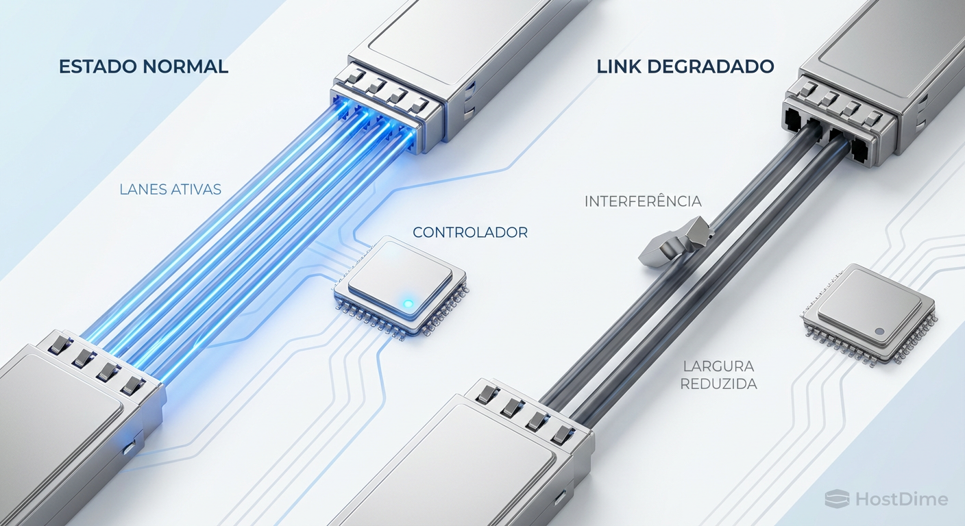 Diagrama ilustrando o processo de degradação de link: interferência física força o controlador a desativar trilhas (lanes), reduzindo a largura de banda efetiva.