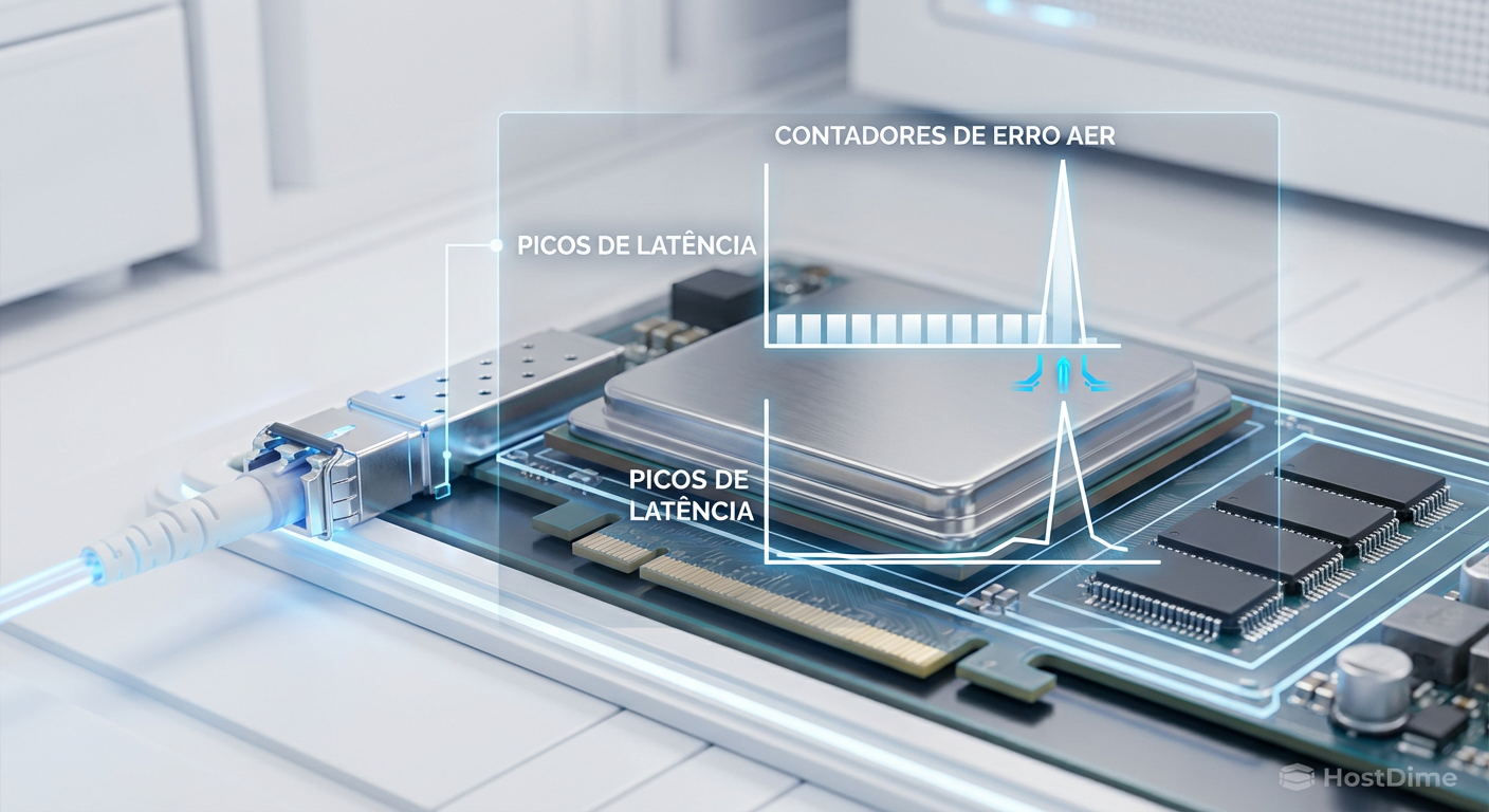 Visualização de monitoramento em tempo real: correlação entre contadores de erro AER no terminal e picos de latência.
