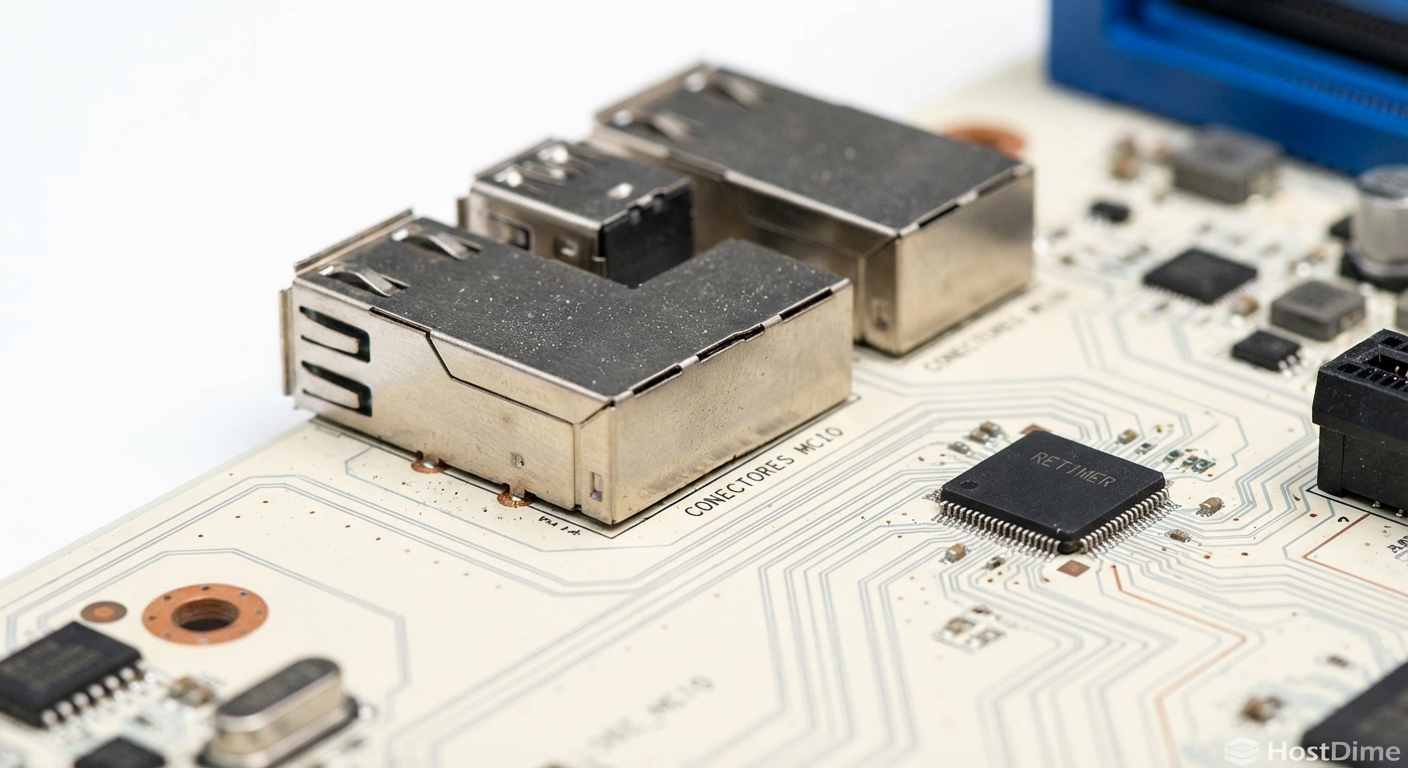 Detalhe de conectores MCIO e um chip Retimer em uma placa-mãe de servidor, componentes críticos para manter a integridade do sinal em conexões PCIe 5.0.