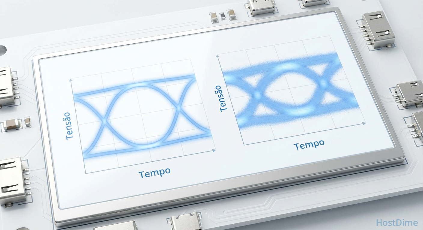 O diagrama de olho (eye diagram) ilustra a degradação do sinal: à esquerda, um sinal limpo; à direita, o 