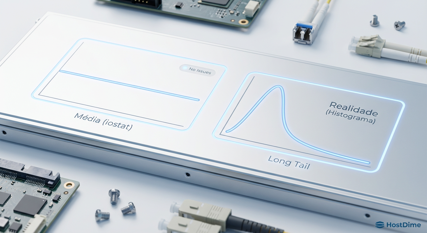 Fig. 1: A Ilusão da Média. Enquanto a ferramenta de monitoramento mostra estabilidade, o histograma revela que 1% das requisições estão sofrendo latência extrema.