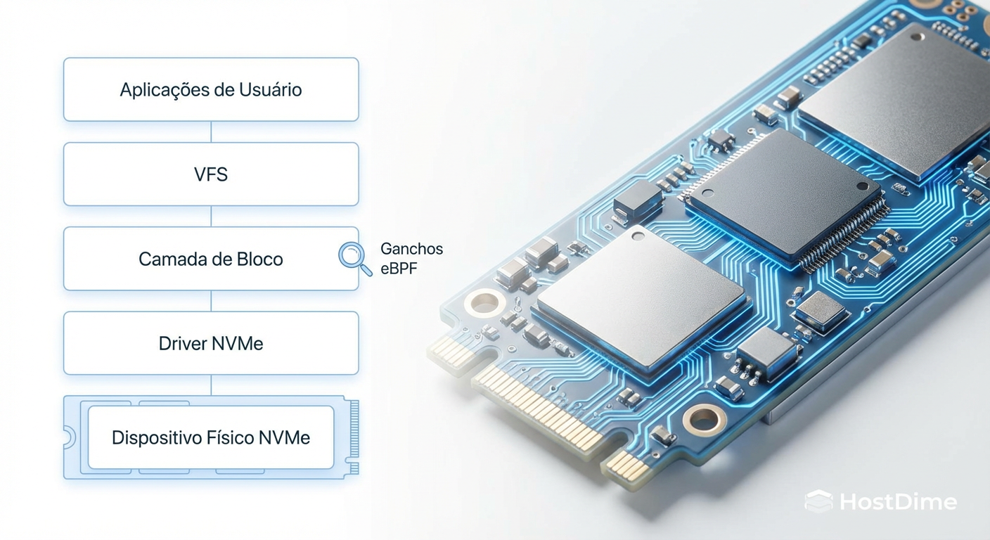 Fig. 2: Pontos de Inserção do eBPF. Podemos interceptar a requisição exatamente quando ela entra na fila do kernel (bio_start) e quando o dispositivo confirma a conclusão (bio_done).