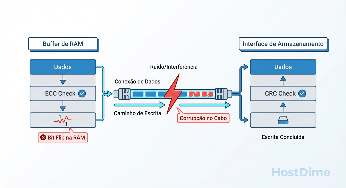 Fig. 2: Topologia da Corrupção – Diferenciando erros de armazenamento (Data at Rest) de erros de transmissão (Data in Transit).