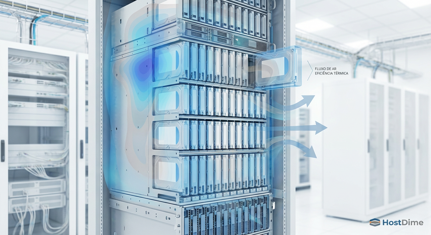 Corte transversal de um rack de data center de hiperescala, focado em um enclosure de alta densidade repleto de discos rígidos, ilustrando a eficiência térmica e a escala massiva.