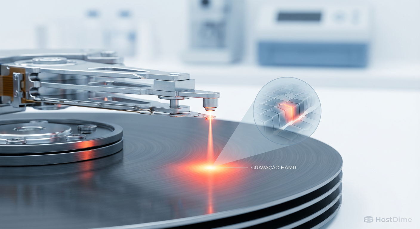 Ilustração técnica da cabeça de gravação HAMR: um laser nanoscópico aquece um ponto preciso no prato magnético para permitir a gravação de dados em alta densidade.