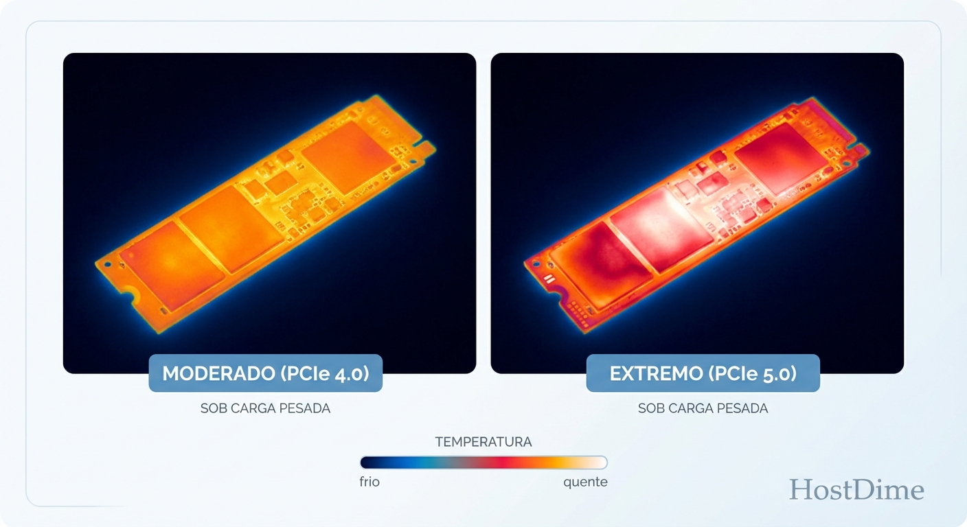 Comparação térmica evidenciando o salto drástico de temperatura entre as gerações de SSDs sob carga máxima.