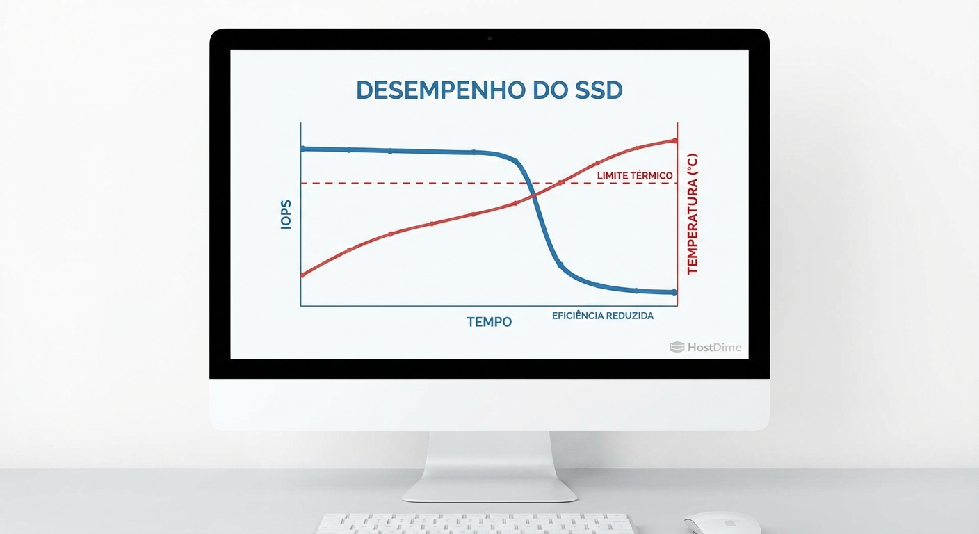 Gráfico de desempenho em estado de equilíbrio mostrando a degradação de IOPS conforme a temperatura atinge o limite do firmware.