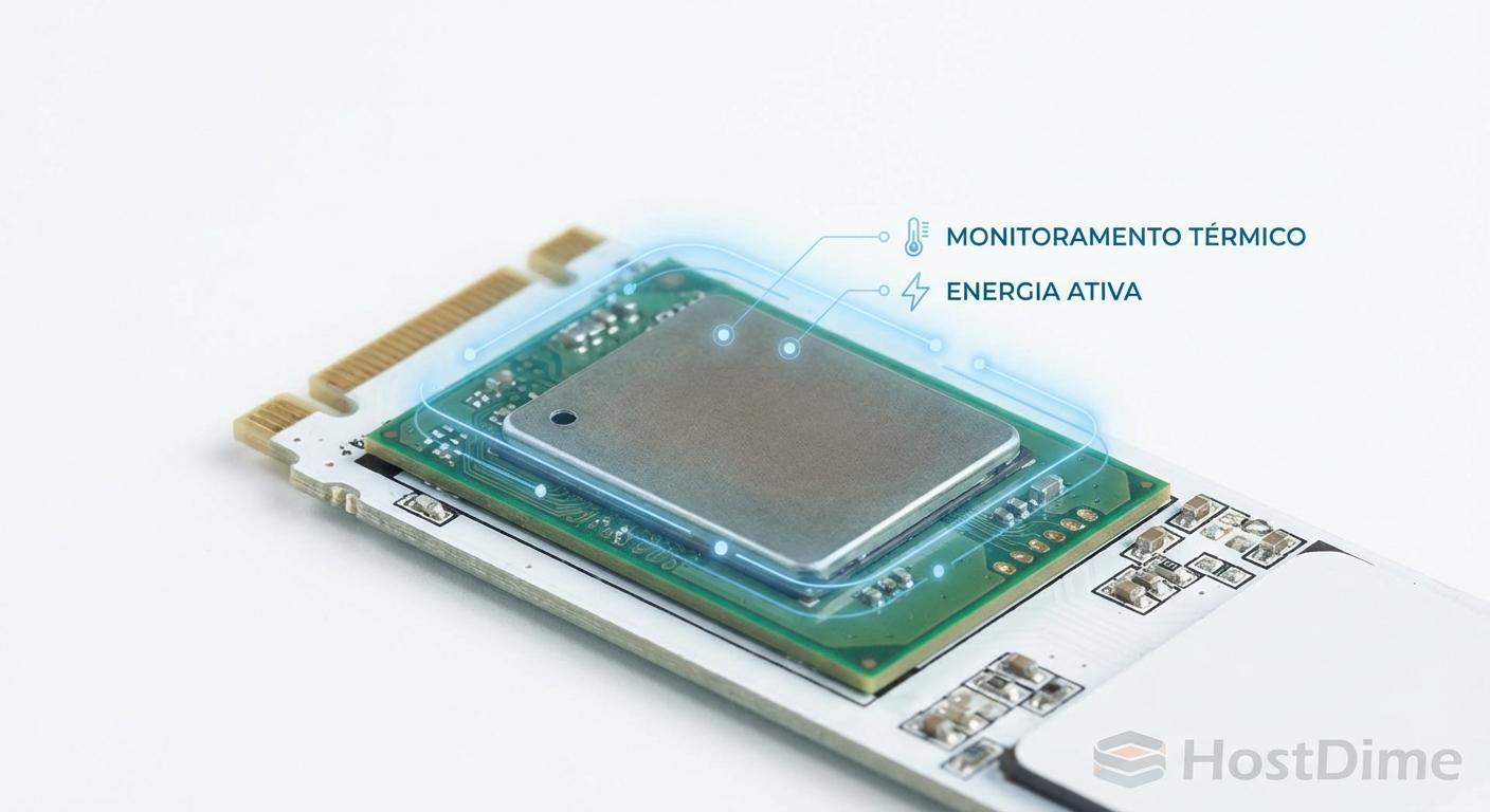 Representação visual dos sensores térmicos internos de um controlador NVMe monitorando o fluxo de energia.