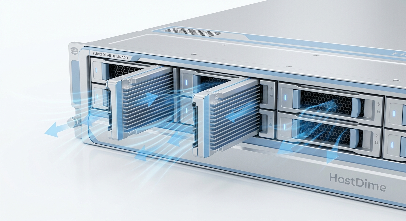 Servidor corporativo utilizando unidades NVMe no formato E1.S, destacando o fluxo de ar otimizado através dos dissipadores integrados.