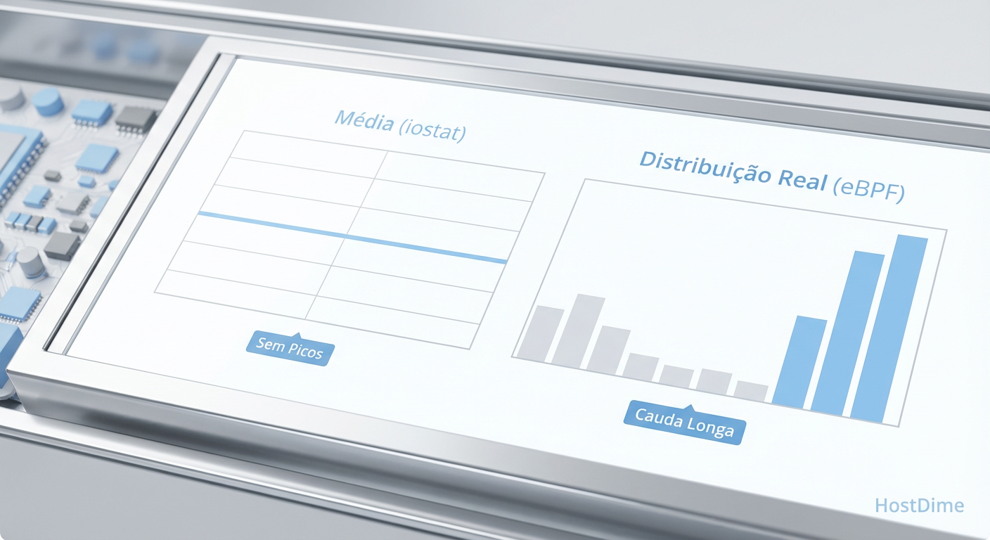 Fig. 1: A ilusão da média aritmética vs. a realidade da distribuição multimodal em latência de disco.