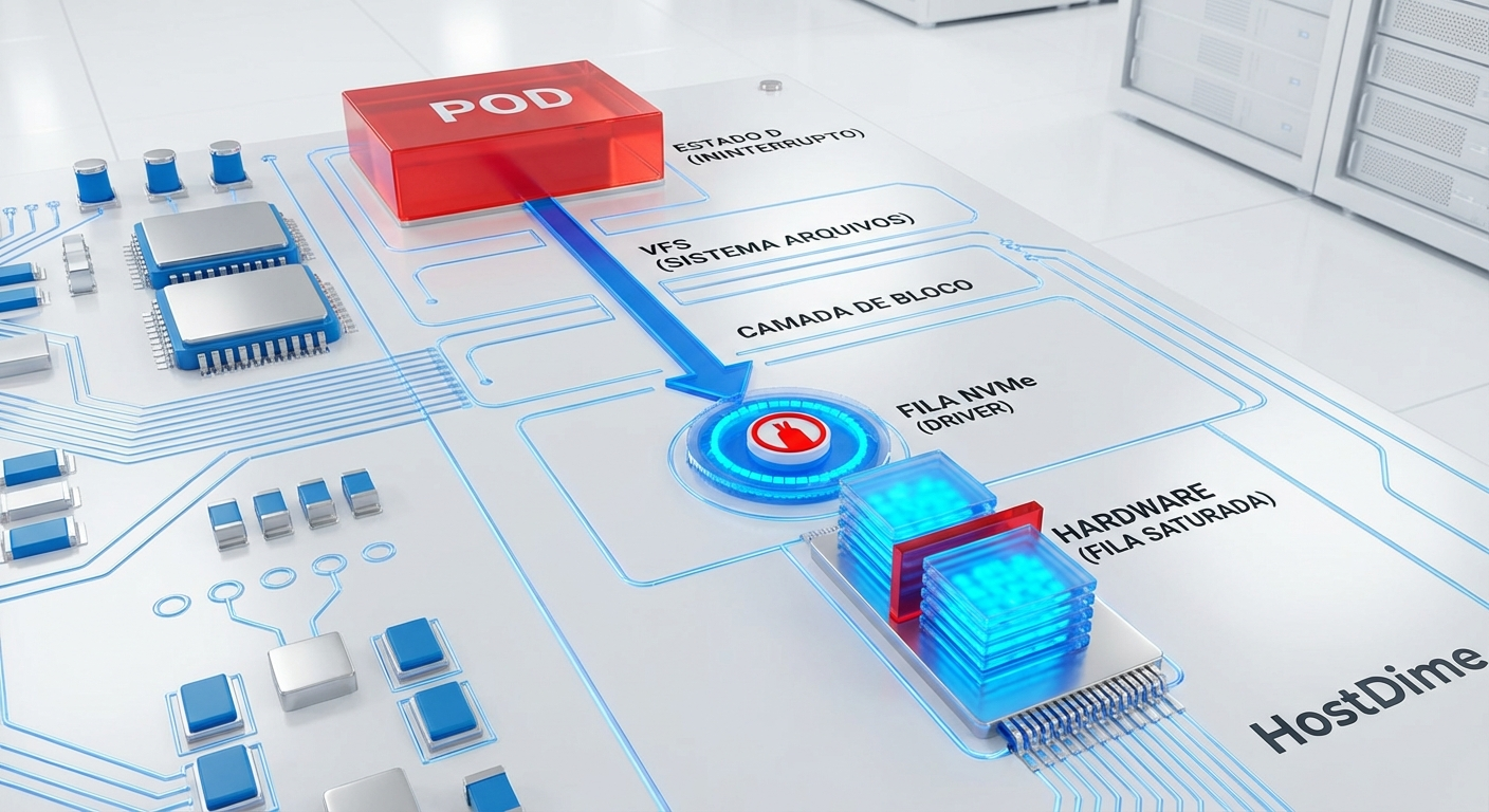Diagrama do fluxo de I/O no kernel Linux mostrando um pod travado no estado D aguardando a fila do NVMe.