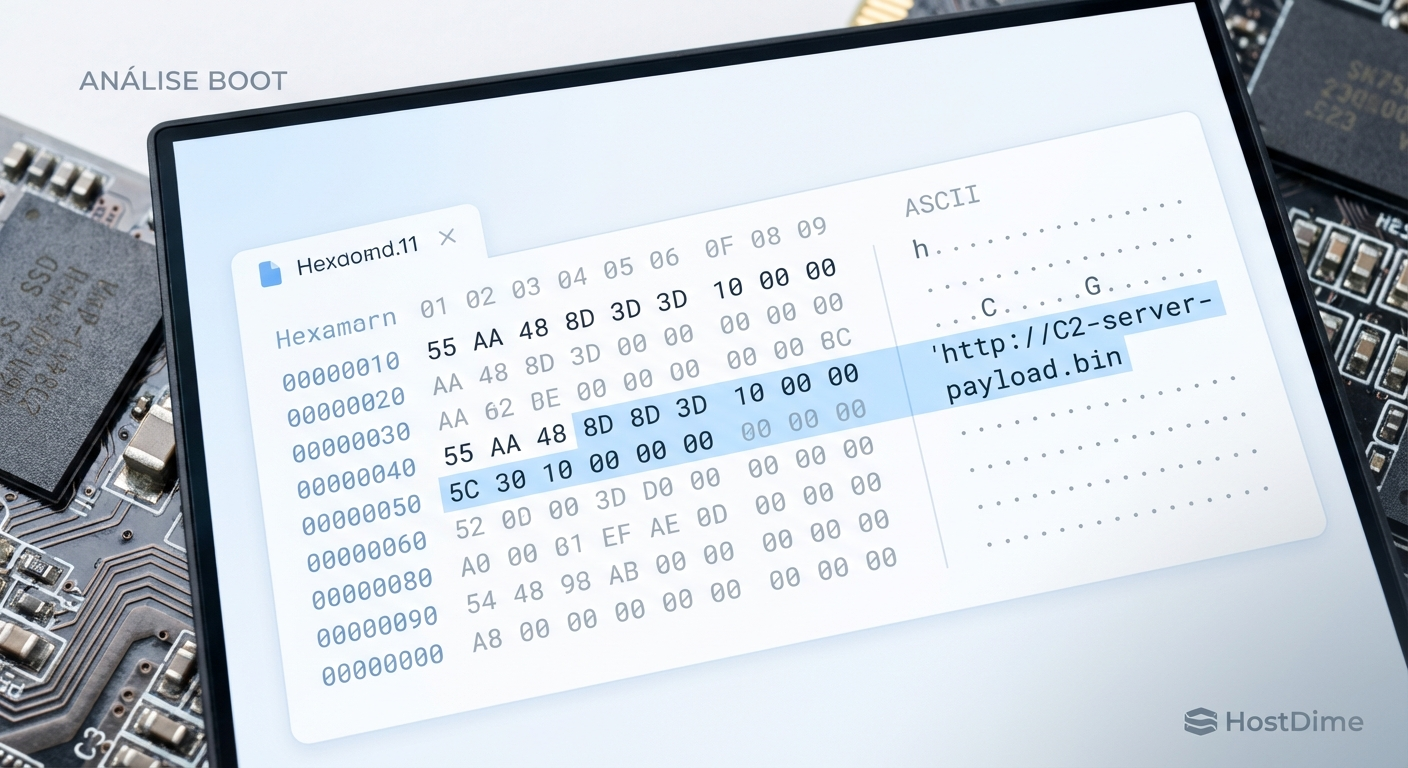 Análise hexadecimal revelando uma string maliciosa injetada dentro do binário do Shadow MBR.