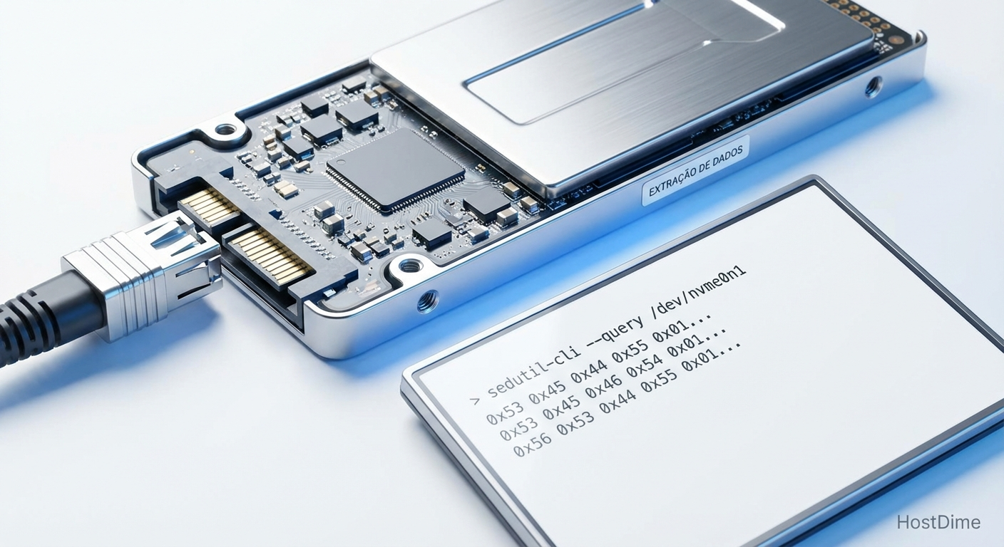 Terminal forense executando comandos de extração direta via protocolo NVMe Security Receive.