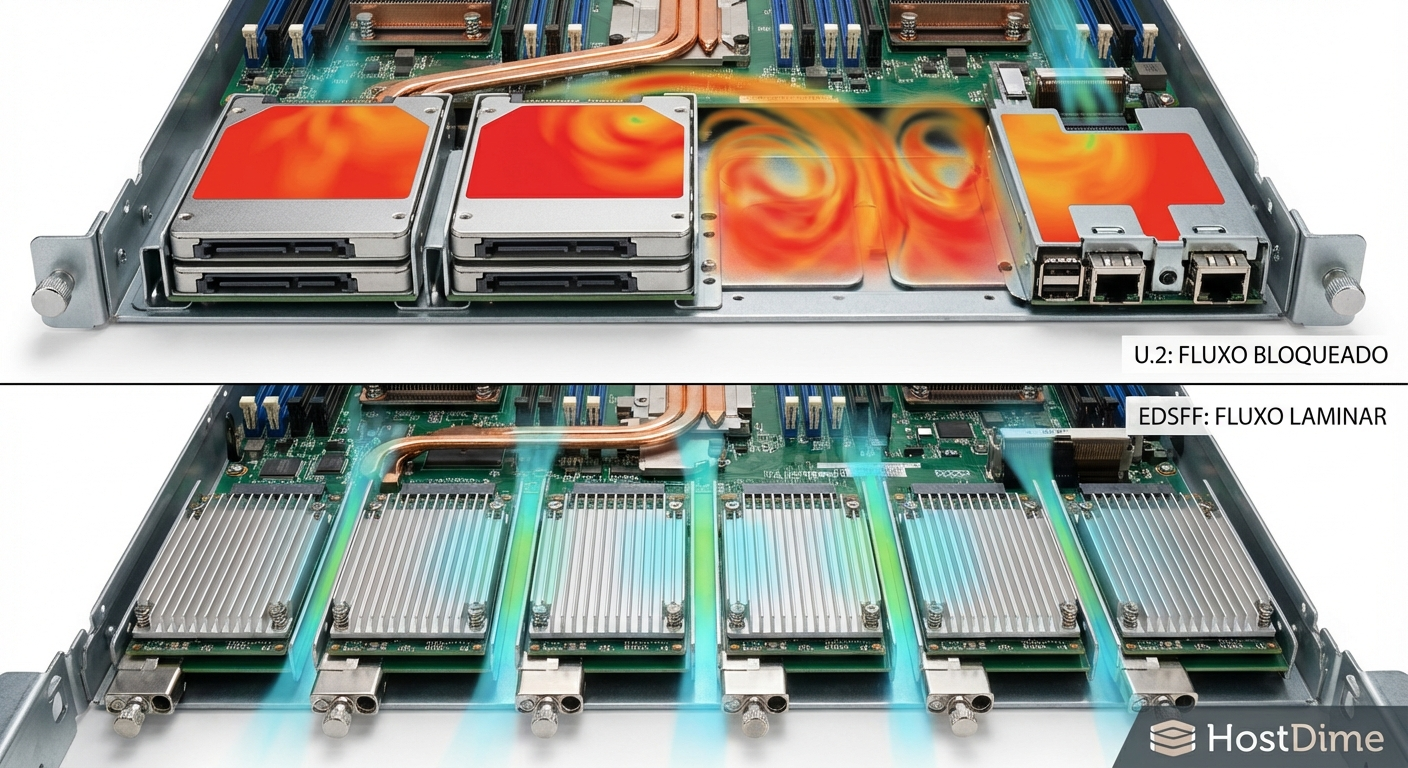 Comparativo de fluxo de ar: A obstrução causada pelo formato legado U.2 versus a permeabilidade aerodinâmica do design EDSFF.