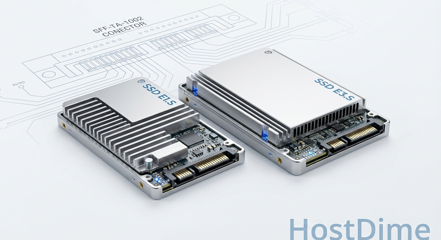 Detalhe dos formatos E1.S e E3.S, destacando os dissipadores integrados e a interface de conexão de alta densidade preparada para PCIe 5.0 e CXL.