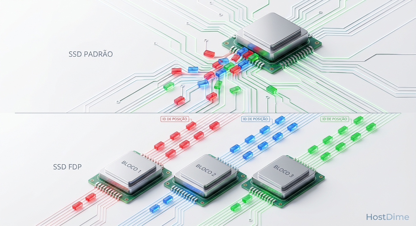 Comparação de alocação: No modo padrão (topo), dados de diferentes ciclos de vida se misturam. Com FDP (fundo), o host guia o isolamento físico dos dados.