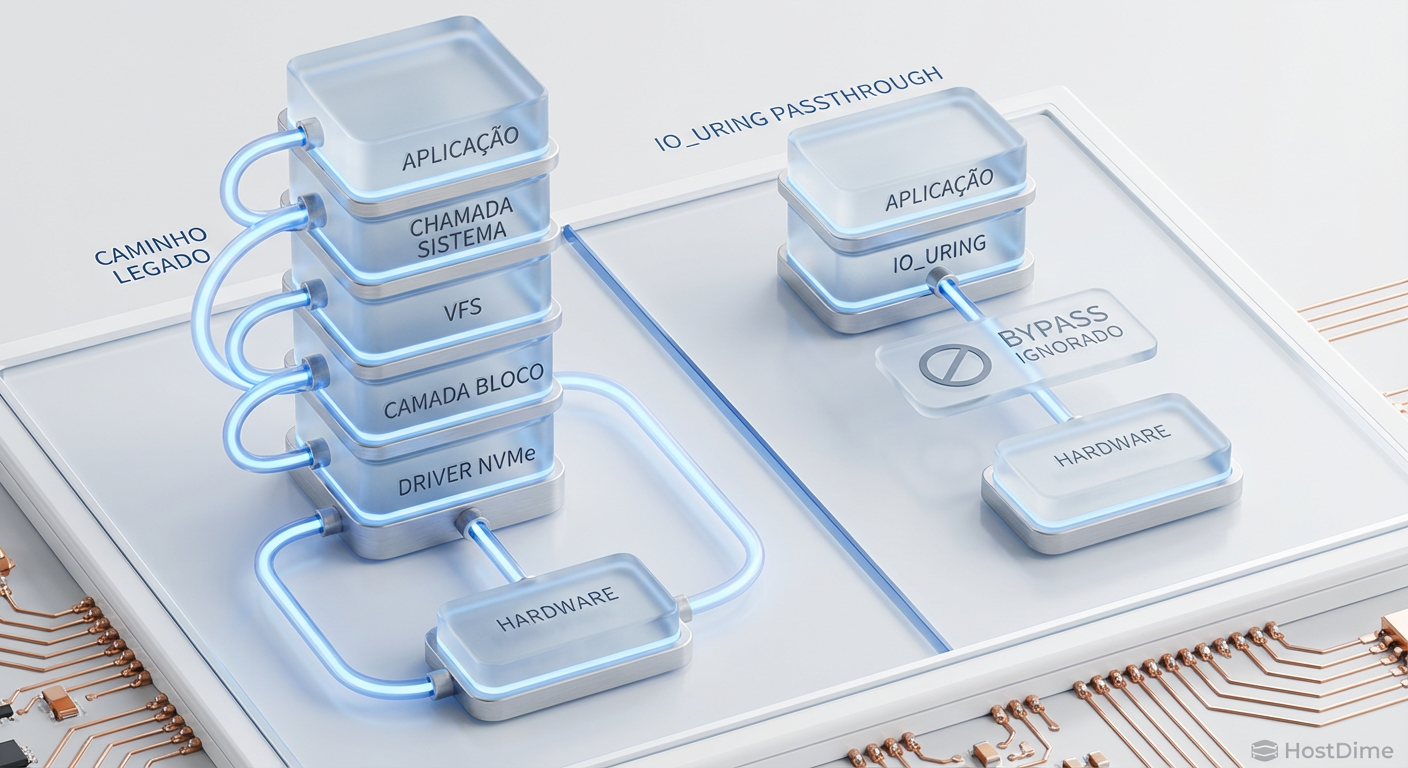 O atalho do io_uring passthrough: ignorar a camada de bloco remove a latência de software e libera ciclos de CPU para o que importa.