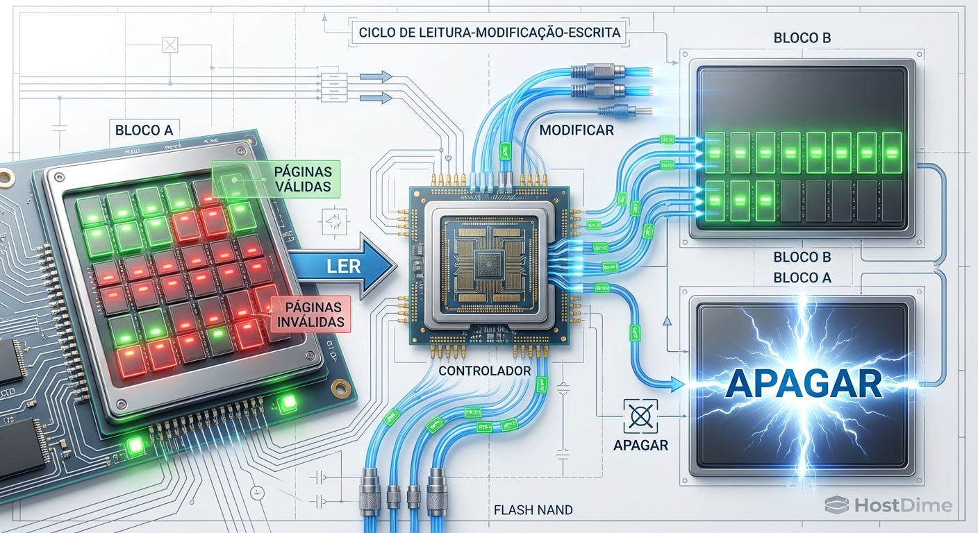 O ciclo destrutivo do Garbage Collection: dados válidos precisam ser movidos antes que um bloco possa ser apagado, consumindo banda interna e aumentando a latência.