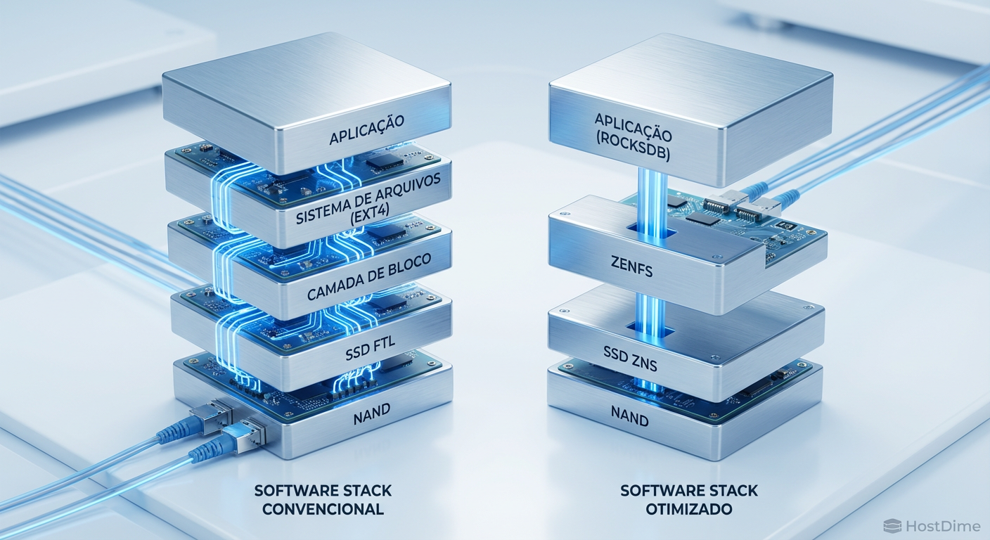 A pilha de software simplificada: ZenFS conecta a aplicação diretamente à geometria física do armazenamento.