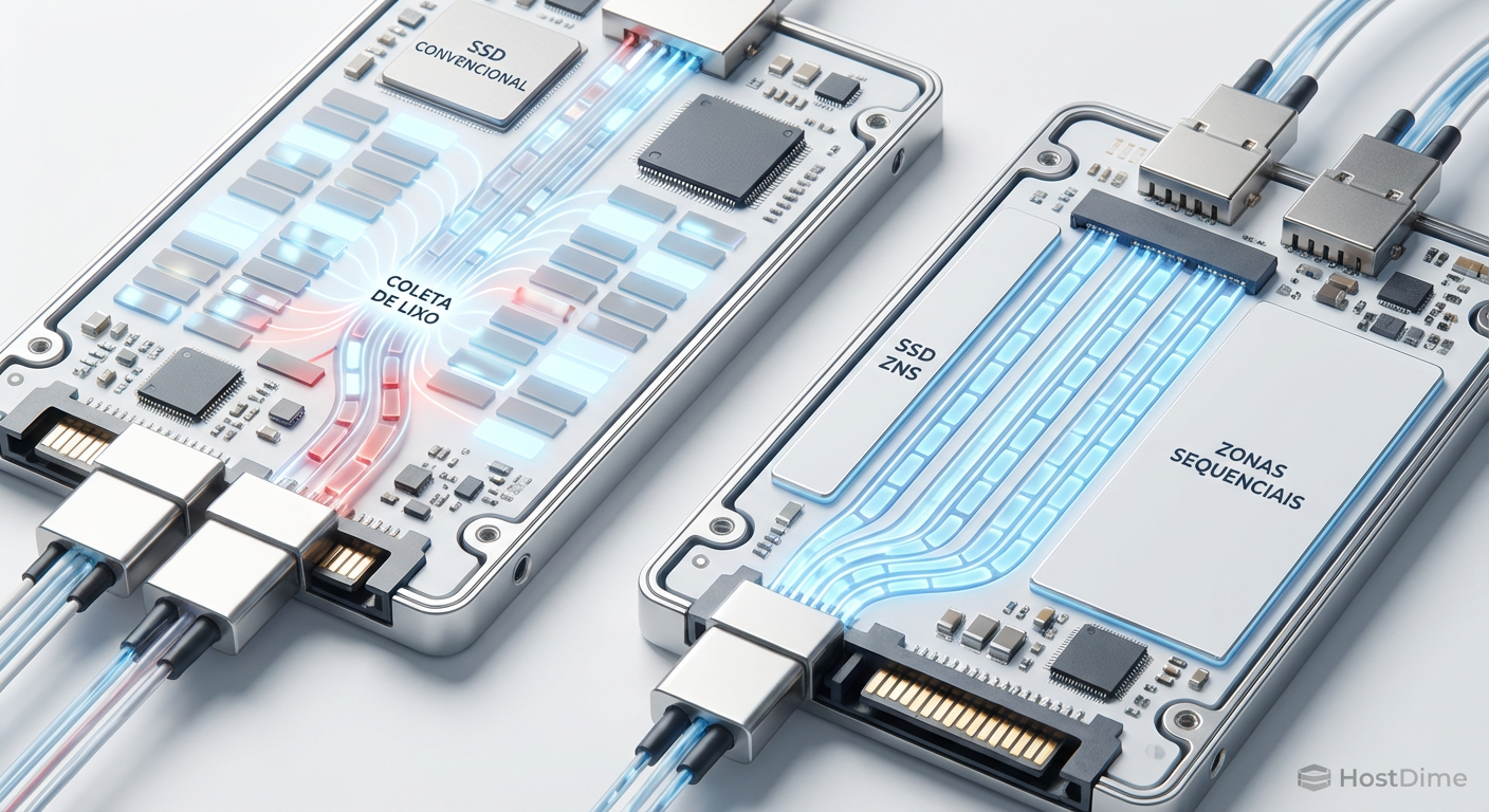 Comparação visual: O caos do Garbage Collection em SSDs tradicionais versus a organização sequencial das Zonas ZNS.