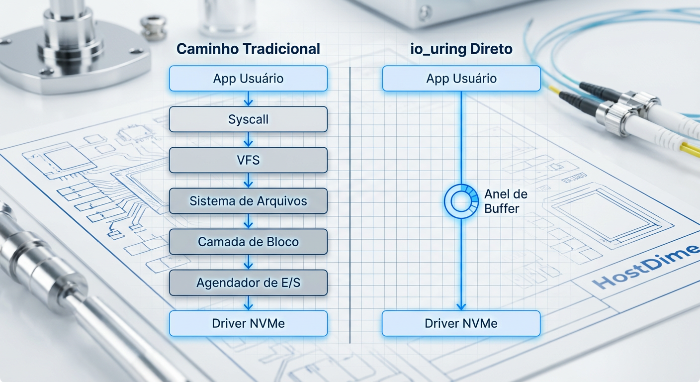 Comparativo da profundidade da stack de armazenamento: Caminho Tradicional (esquerda) vs. io_uring Passthrough (direita).