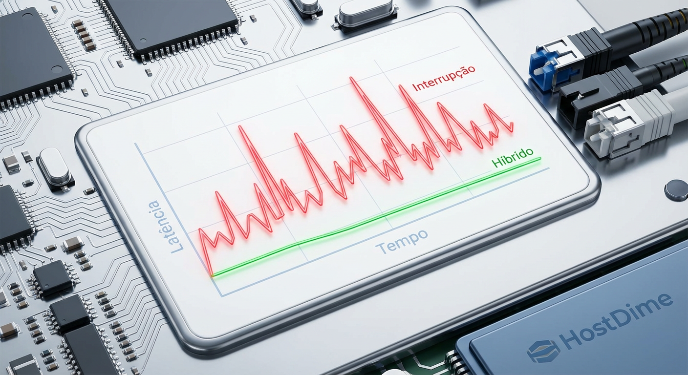 Comparativo de Jitter: A instabilidade das interrupções (vermelho) vs. a consistência do Polling Híbrido (verde).