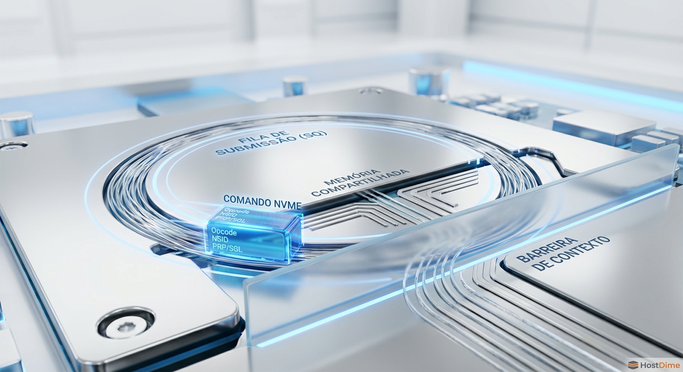 O mecanismo de transporte: Comandos NVMe de 64 bytes trafegando via Ring Buffer compartilhado, evitando a barreira de syscall.