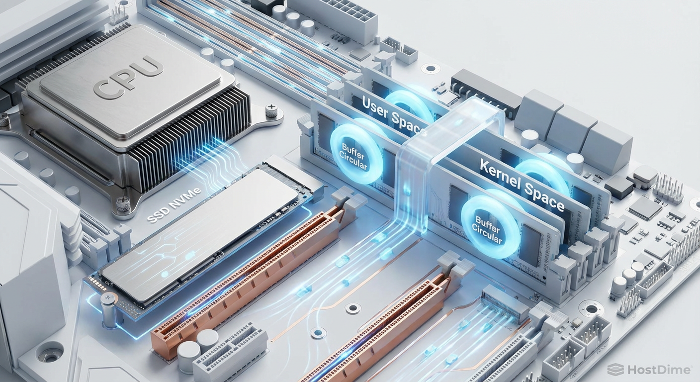 A arquitetura de anéis compartilhados do io_uring eliminando barreiras entre a aplicação e o kernel.