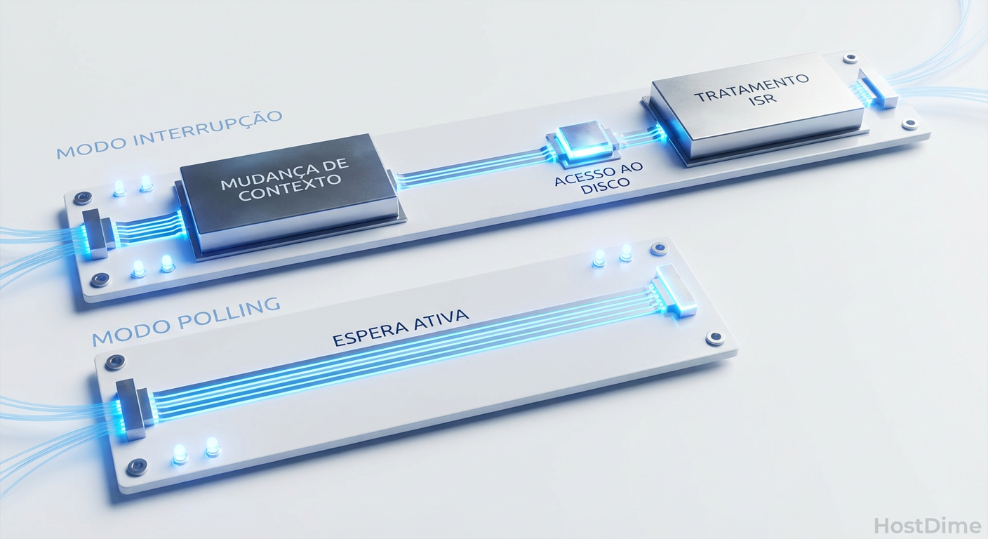 Comparação visual do ciclo de vida de uma operação de I/O: o overhead das interrupções versus a precisão do polling.