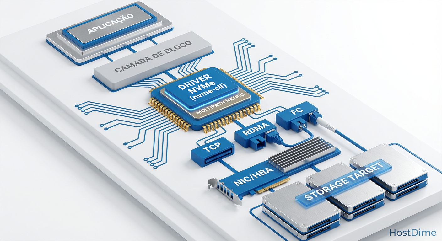 A pilha de I/O do Linux: Onde o nvme-cli intercepta e gerencia a comunicação com o Fabric.