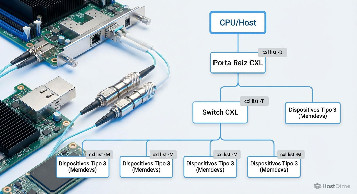 A topologia hierárquica do CXL: do Root Port ao Memdev, mapeada pelos comandos do cxl-cli.