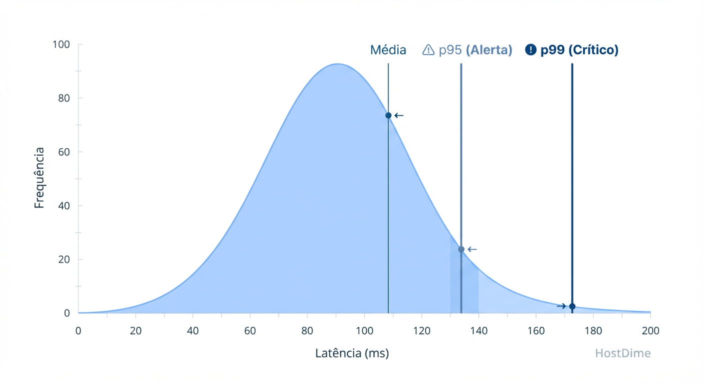 Fig. 3: A tirania da média. A validação real de um storage para banco de dados vive nos percentis p95 e p99, onde os 'stalls' de I/O ocorrem.