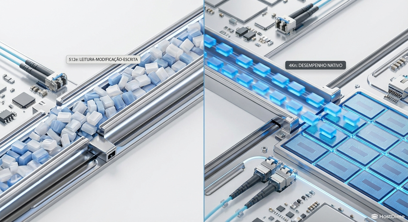 Comparação visual do fluxo de dados: o gargalo do Read-Modify-Write em 512e contra a gravação direta e otimizada em 4Kn.