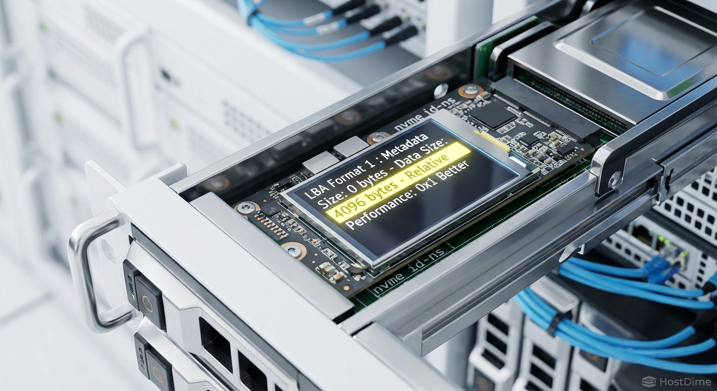 Saída do terminal exibindo os formatos LBA suportados pelo controlador NVMe, com destaque para o formato 4K nativo.