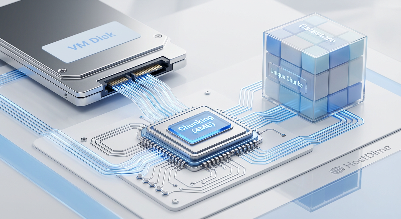 Fig. 1: O fluxo de quebra (chunking) e hashing garante que apenas blocos únicos sejam gravados no disco.