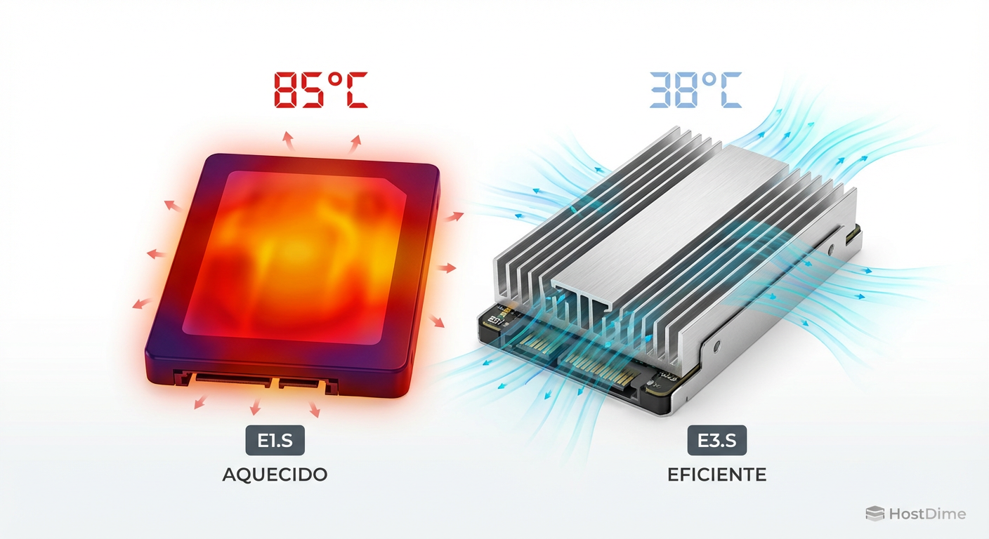 Comparativo térmico: O volume maior do E3.S permite dissipar o calor gerado pelo PCIe 5.0 com facilidade.