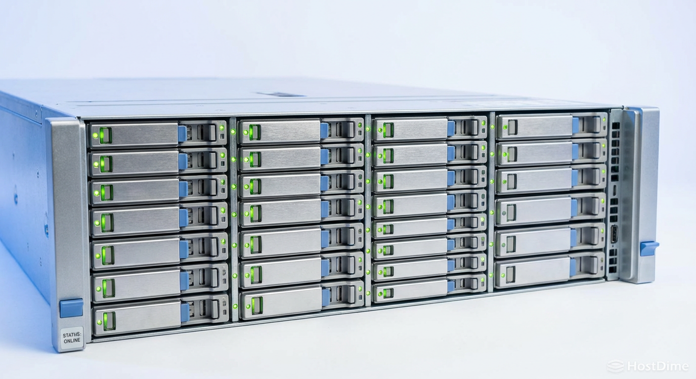 Densidade extrema: 32 drives E1.S montados verticalmente em um chassi 1U.