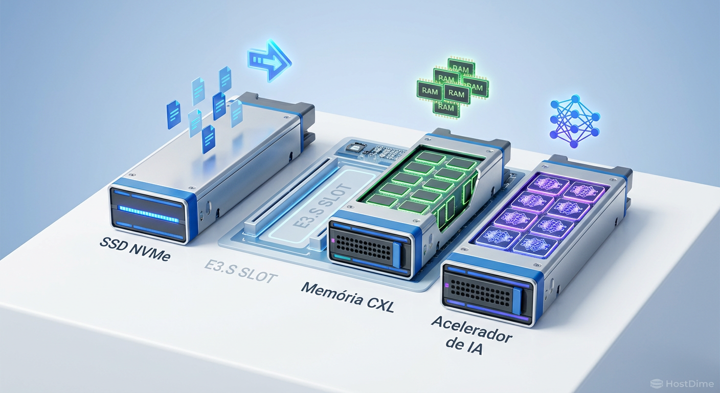 Versatilidade do E3.S: O mesmo slot pode abrigar armazenamento, memória ou processamento.