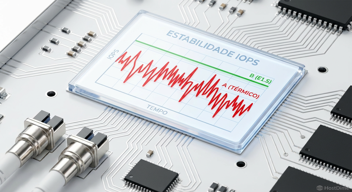 Estabilidade de IOPS sob estresse: A linha verde demonstra como a dissipação térmica adequada previne a queda de performance (throttling) observada em formatos com refrigeração insuficiente (vermelho).