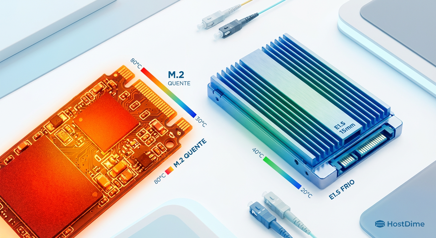 Termografia comparativa: O ponto quente concentrado no controlador de um drive sem dissipador (vermelho) versus a distribuição térmica uniforme no E1.S com dissipador (azul/verde).
