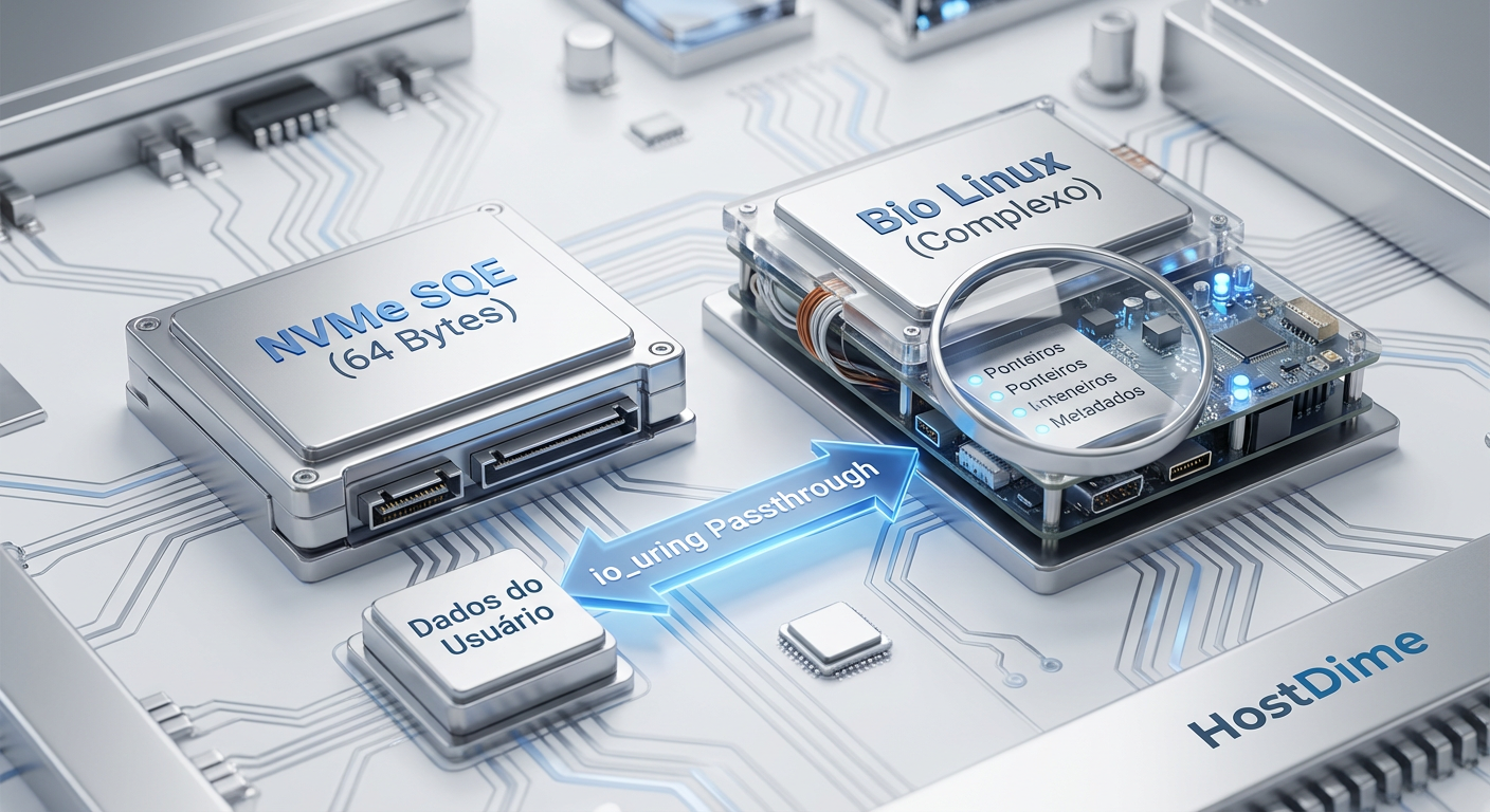 A eficiência estrutural: Mapeando dados do usuário diretamente para a fila de submissão NVMe, sem a complexidade das estruturas de bio do kernel.