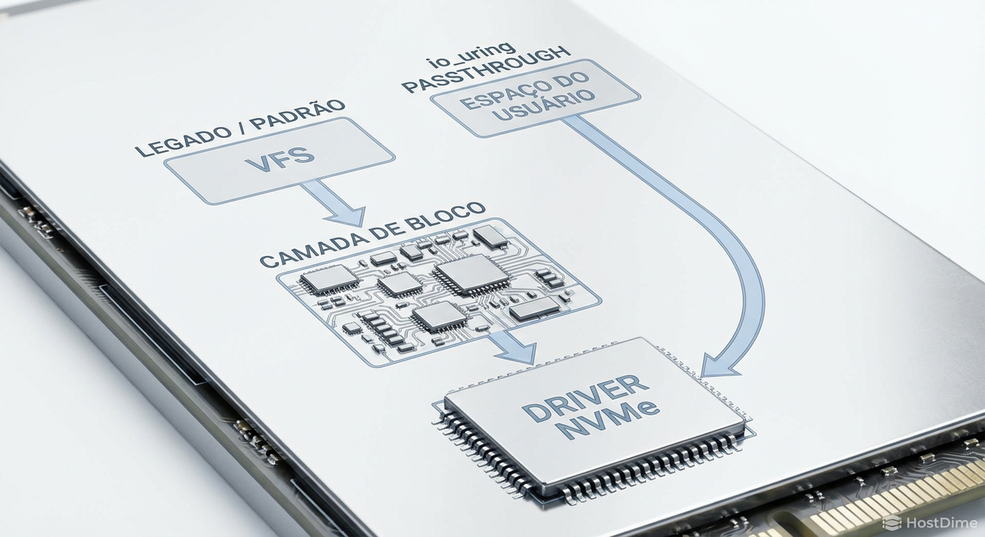 Comparativo visual do caminho de I/O: A rota tradicional congestionada pela camada de bloco versus a via expressa do io_uring passthrough.