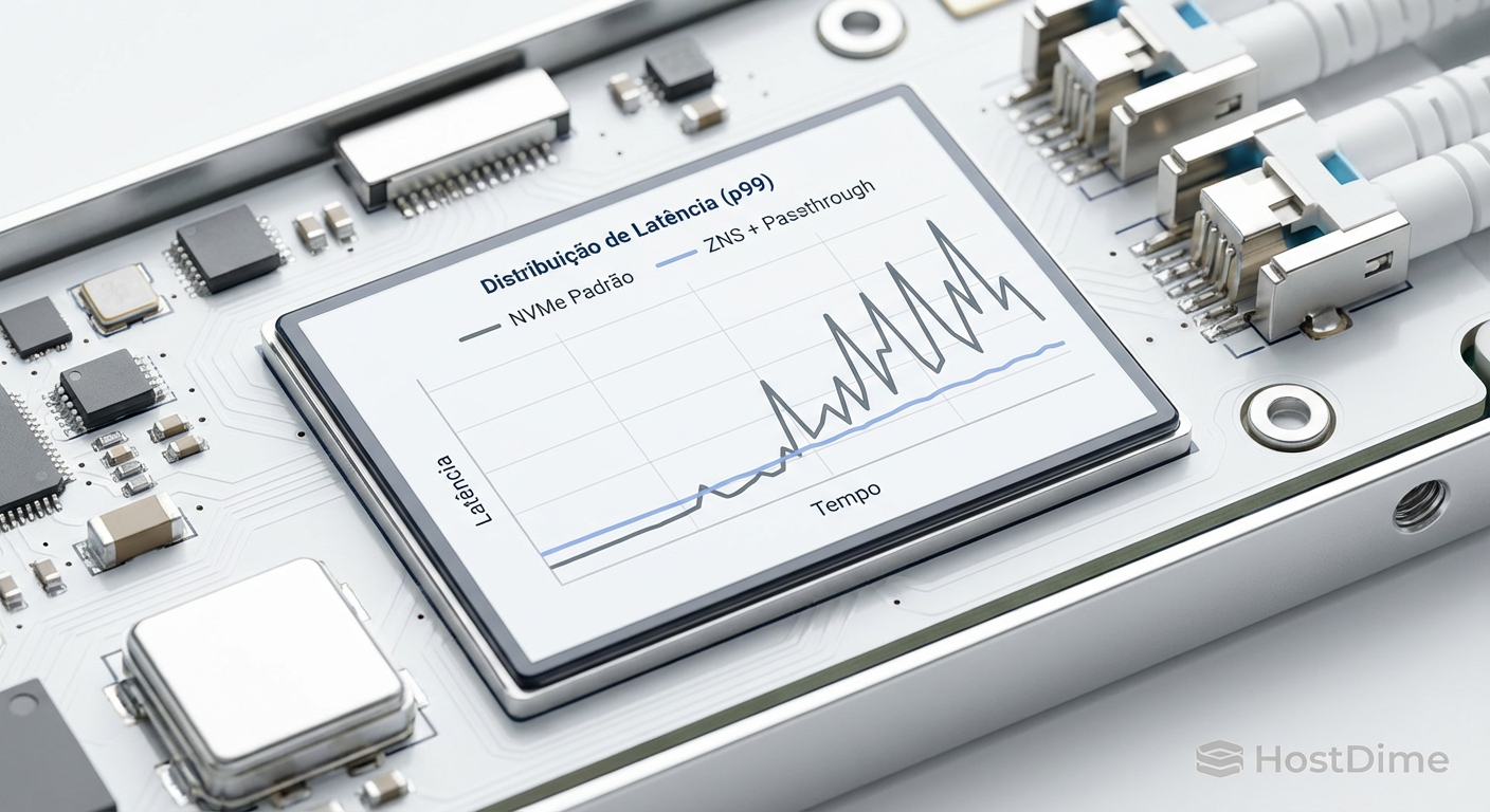 Fig. 3: Comparativo de latência de cauda (p99) sob carga de escrita aleatória sustentada.