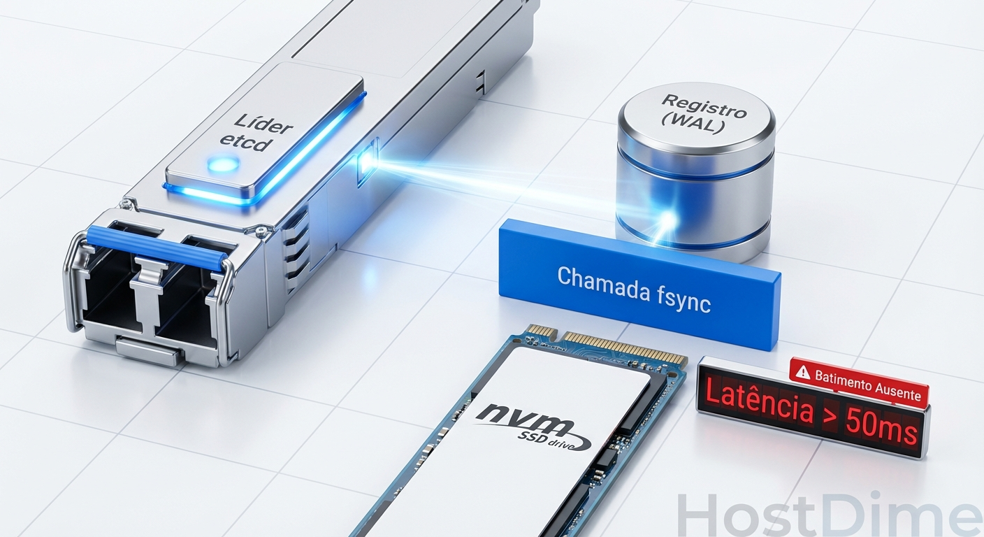 Diagrama ilustrando o gargalo do fsync no Write-Ahead Log do etcd e o impacto da latência do disco NVMe.