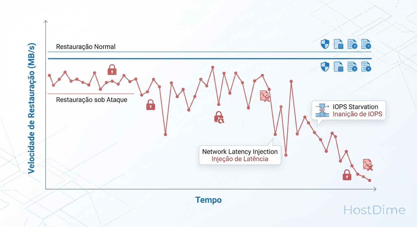 Fig. 2: O impacto invisível. Como a saturação de IOPS (vizinho barulhento ou criptografia em andamento) pode tornar seu RTO inalcançável.