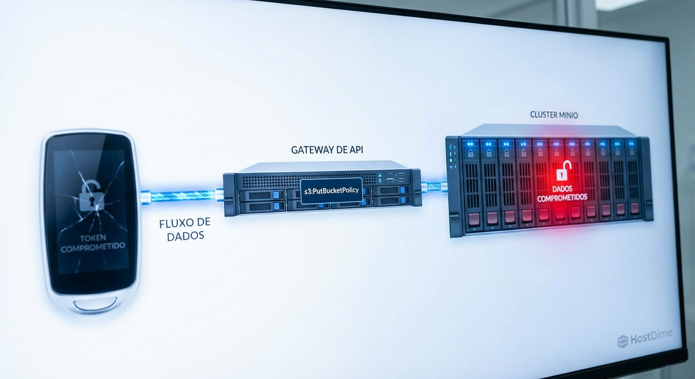 Diagrama visualizando o caminho de ataque de escalação de privilégios via alteração de políticas de bucket no MinIO.