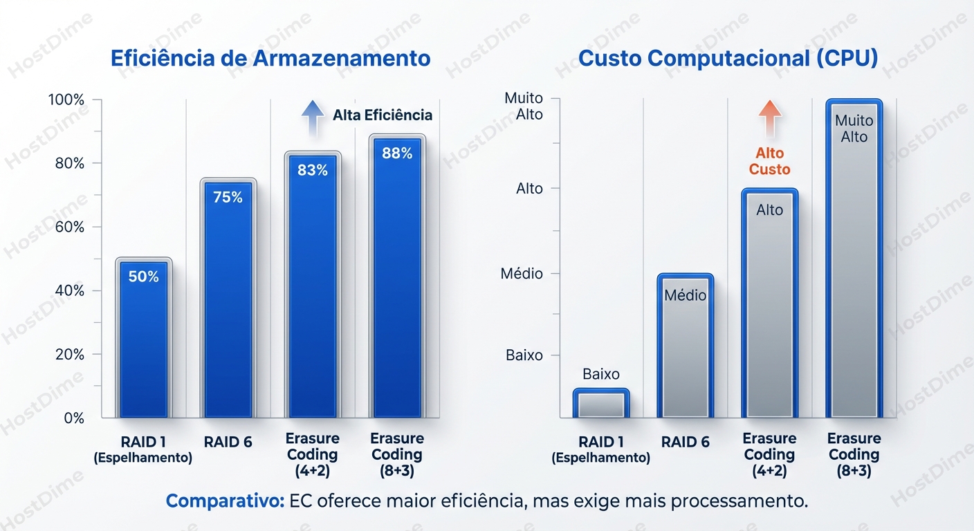 Trade-off: Erasure Coding oferece eficiência de armazenamento superior ao RAID, ao custo de maior latência computacional.