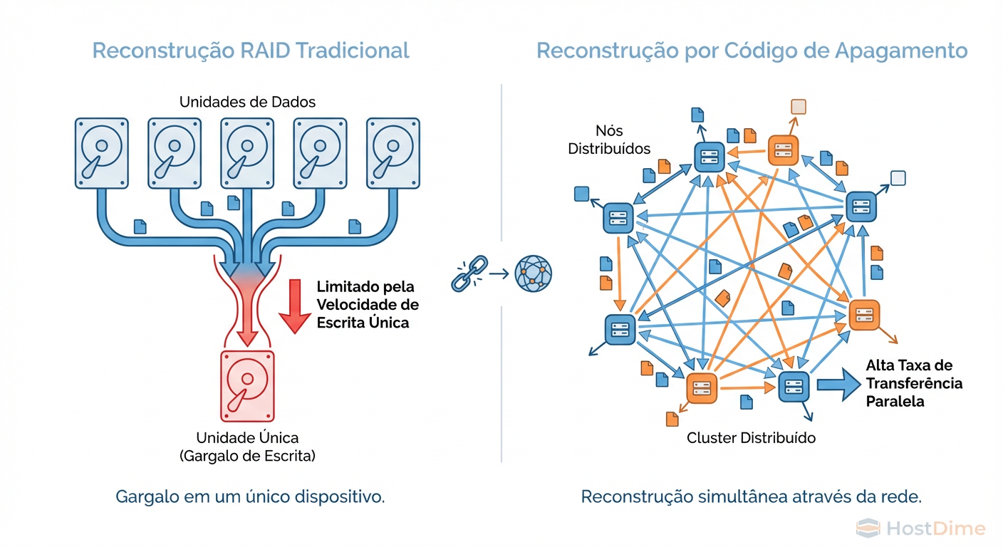 Geometria do Rebuild: O RAID é limitado pela velocidade de escrita de um único disco. O EC utiliza a largura de banda agregada de todo o cluster.
