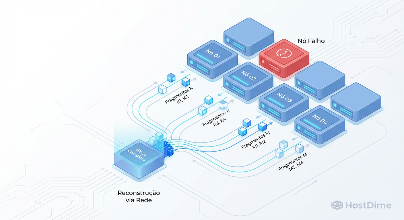 Fig. 3: A Reconstrução Distribuída. Ao contrário do RAID tradicional que estressa um único disco par, o EC distribuído utiliza a largura de banda de todo o cluster.